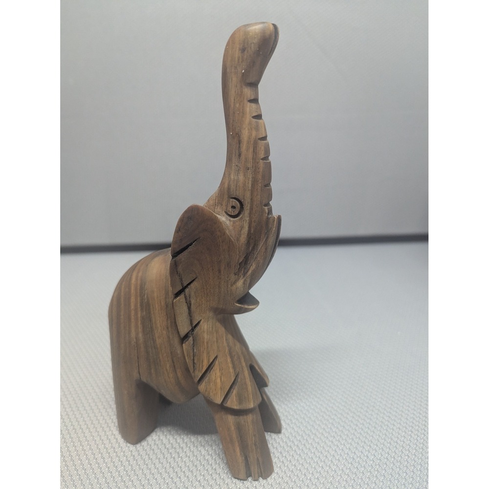 VTG Mid Century Modern MCM Hand Carved Wooden Elephant Figurine Trunk Up Lucky